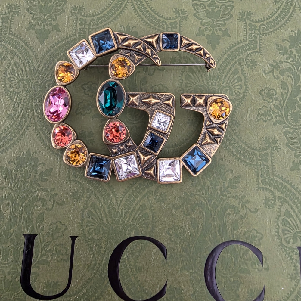 Authentic Gucci Crystal Double G Brooch - Multicolor
